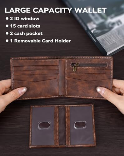 Swallowmall Leather Wallet for Men, Bifold Wallets Mens Genuine Leather RFID Blocking Men's Wallet with Removable Card Holder 2 ID Windows 15 Card Slots - Image 3