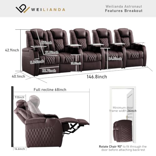 Image of Weilianda Home Theater Seating, Top Grain Leather Movie Theater Chair | Brown Row of 5 Loveseat Left, Zero Gravity, Power Headrest, Tray Table, Electric Reclining Seat for Media Room