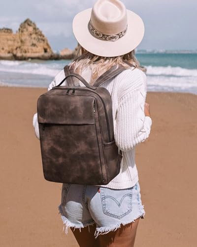 MASINTOR 15.6 inch PU Leather Laptop Backpack Purse for Women, Large College Casual Backpack Travel Bag