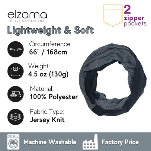 elzama Travel Scarf 2 Hidden Zipper Pocket for Women, Infinity Loop Scarf with Double Zip Pockets, Neck Wrap, Dual Color4