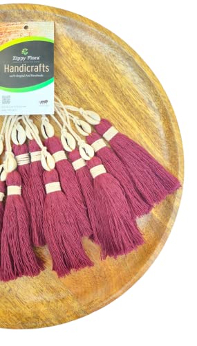 Image of Zippy Flora Handmade Cotton Tassels with Cowrie Shells for DIY & Crafts Project, Pack of 10 (Burgundy)