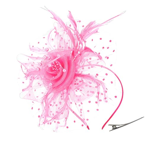 Qiyifan Women'S Feather Mesh Flower Fascinator With Headband And Clip Wedding Tea Party Kentucky Derby Fascinator Hats For Ladies Pink cover
