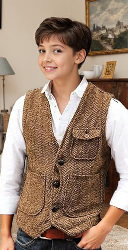 Kids Boys Retro Vests Toddler Casual Herringbone Tweed V-Neck Suit Vest Youth Boy Wedding Slim Fit Formal Waistcoat3
