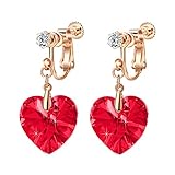 Austrian Crystal Heart Drop Clip On Dangle Earrings for Women Non Pierced 14K Rose Gold Plated Hypoallergenic Jewelry (Red)