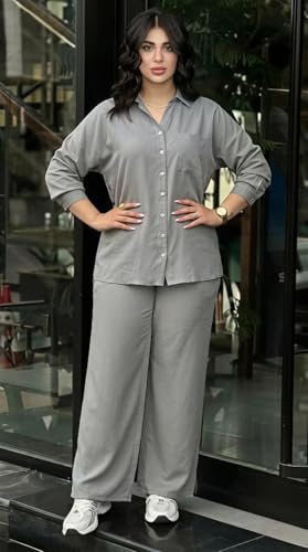 Image of Women's Solid Color Two-Piece Set | Long Sleeve Top & Wide Leg Pants Co-ord Set | Casual Wear Co ord Set