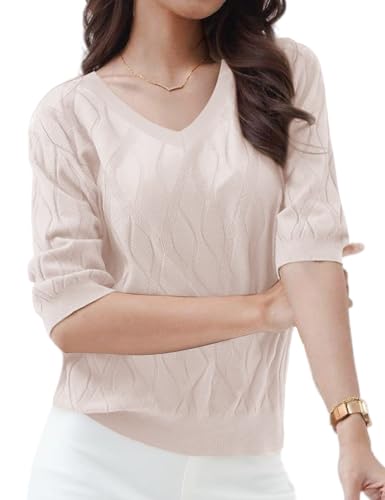 Image of CiCiBird Women Summer Short Puff Sleeve Sweater V Neck Knit Pullover Tops Casual Trendy Ribbed Shirt Apricot M