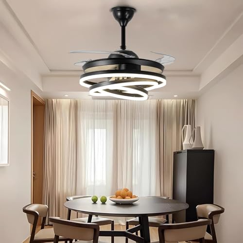 Image of HDC Invisible Black Rings Ceiling Fan Chandelier - Retractable ABS Blades Fandelier with Remote Control - Modern LED Ceiling Fan with Light for Living Room & Bedroom - Luxury Lighting