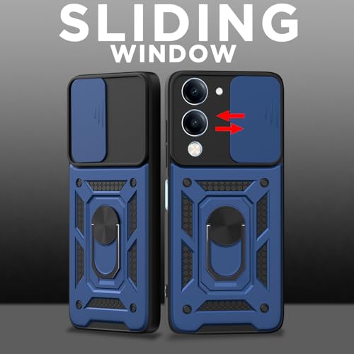 Image of Pikkme Back Cover for iQoo Z10 lite 5G / Vivo T4 lite 5G / Y19 5G / Y19e / Y04 4G / Y29s 5G | D10 Tough Armor | Sliding Camera Shield Cover & Ring Holder Stand Bumper Case (Blue)