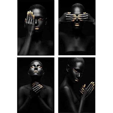 African American Print Wall Art,Black Gold Woman Cover Eyes Prayer Portrait Photography Canvas Print Poster with Golden Lips Nails Necklace Picture Painting Wall Mural Without Frame (8.7”×10.6”) Cover