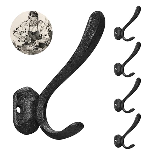 Rustic Cast Iron Coat Hooks Wall Mounted, Farmhouse Decorative Wall Hooks for Hanging Towels Hats Keys Bags, Vintage Heavy Duty Hangers Rack for Entryways Kitchen Mudrooms Outdoor (Black(5Pcs))