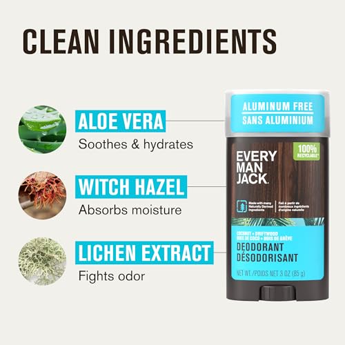 Image of Every Man Jack Coconut + Driftwood Men's Deodorant - Stay Fresh with Aluminum Free Deodorant For all Skin Types - Odor Crushing, Long Lasting, with Naturally Derived Ingredients - 3oz (3-Pack)