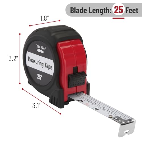 Image of Mr. Pen 25-Foot Steel Retractable Tape Measure with Fractions, Easy Read, Red /Black