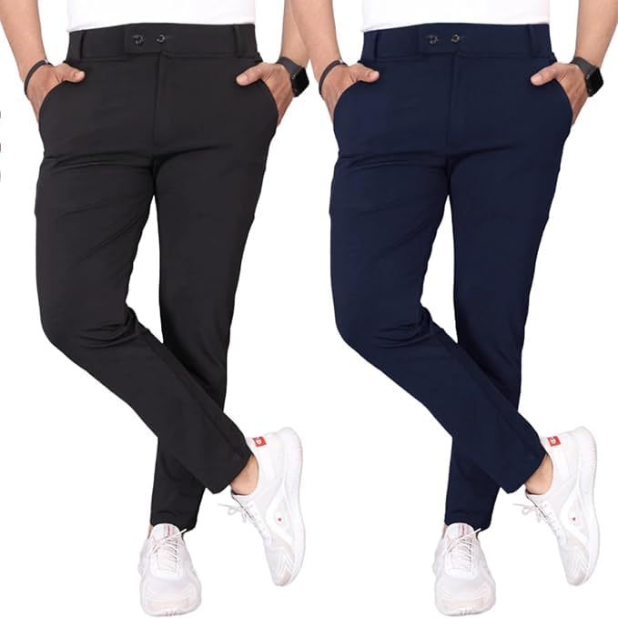Image of Men's Slim Fit Casual Trousers Combo Pack of 2 | Stretchable Formal Pants for Men | Mid Rise Smart Office & Casual Wear Ankle Length Trouser