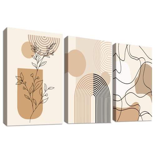 3 Pcs Marco de Madera Cuadro Moderno Boho Minimalista Beige Caqui Lienzo Decorativos Pintura Imagen Póster Abstracto Geométrico Línea Hoja Sol Cuadros Decoracion Salon Dormitorio Comedor 50cmx70cmx3