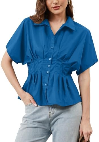 Women Casual Button Down Pleated Shirt Summer Short Sleeve Striped Print Peplum Blouses Business Dressy Tops