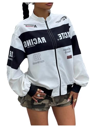 SweatyRocks Girl's Bomber Jackets Long Sleeve Zip Up Racing Jacket Y2k Color Block Outerwear Streetwear