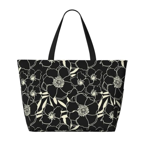 Grand sac de plage fleurs noires et blanches au design unique