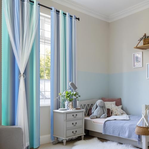 Image of XiDi Blakout Curtains with Sheer Overlay 84 Inches Long for Bedroom 2 Panels Double Layer Rainbow Curtains for Nursery Kid Room Thermal Insulated Room Darkening Grommet Drapes Blue Green Grey 52Wx84L