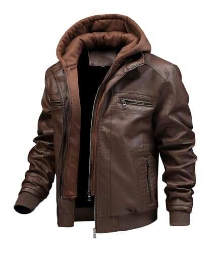 FTIMILD Jaqueta masculina de couro sintético para motociclista, impermeável, à prova de vento, vintage, com capuz removível, Marrom, GG