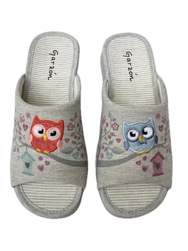 GARZON Garzón.Pantuflas de Casa con Diseño de Búhos Bordados, Gris, Suela de Goma.Zapatillas Verano Mujer. (Gris, Una talla, Sistema tallas calzado EU, Adulto, Mujer, Números, mediano, 35)