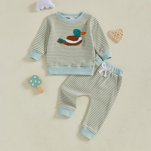 fhutpw Baby Toddler Boy Girl Fall Winter Clothes Embroidery Stripe Pullover Pants Sets Infant Long Sleeve Sweatshirt Outfits (Green Duck, 18-24 Months)