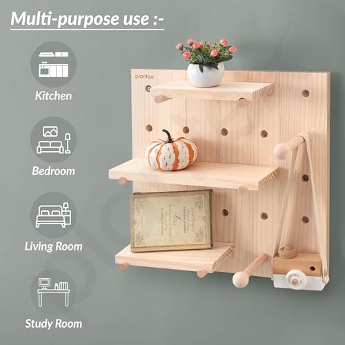 Image of Plantex Multipurpose Pine Wood Wall Mount Pegboard For Home /Wood Display Shelf /Wall Organizer For Bedroom /Kitchen /Bathroom - (16X16 Inches)