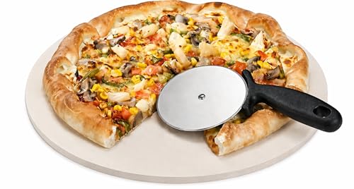 13 Inch Double-Sided Pizza Stone with Included Pizza Cutter - Cordierite Baking Stone Ideal for Oven, Grill or BBQ - Durable Heavy-Duty Heat Retention