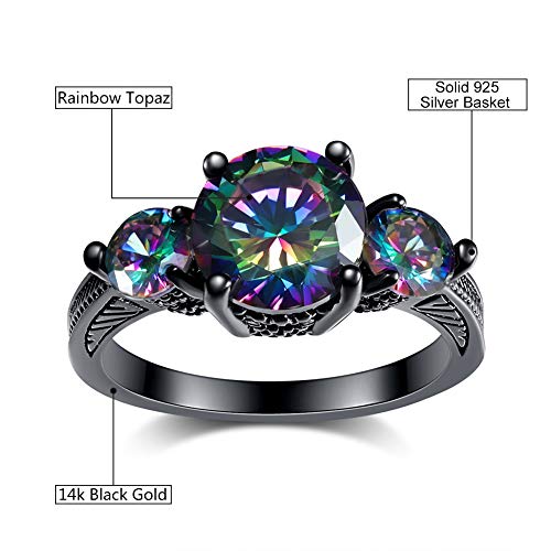 Black Engagement Rings for Women, 14K Black Gold Goth Rings 3 Stone Rings, Mystic Topaz Tourmaline Wedding Rings for Women Size 5 6 7 8 9 10