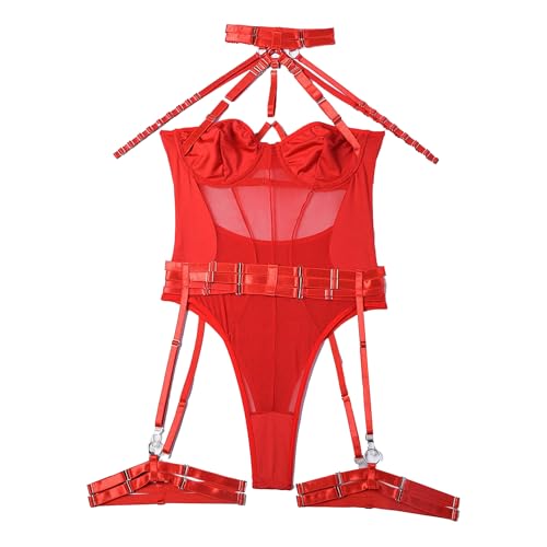 Lingerie féminine avec porte-jarretelles en maille transparente et encolure pendante rouge