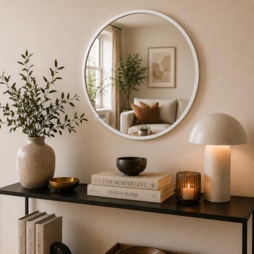 Image of Round Wall Mirror in Gold I Metal Frame Mirror I Modern Design Metal Frame Mirror in Medium Size I Bathroom Wash Basin, Bedroom, Drawing Room (White 24 inch)