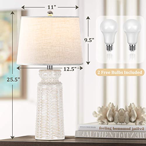 Set Of 2 Table Lamps For Living Room, 25.5" Coastal Ivory White Ceramic Bedroom Lamp For Bedside, 3-Color Temperature Farmhouse Nightstand End Table Lamp With Lampshade Decoration, Led Bulbs Included #TOP4
