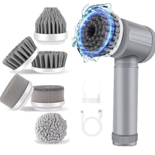 Horse Power Pocket Pony Scrubber, Electric Spin Scrubber, Cordless Detachable Cleaning Brush with Multiple Replaceable Heads for Bathroom, Kitchen and Windows (7 Bursh Heads Gray)