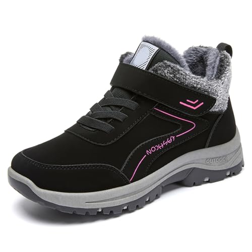 Image of XKOWUO Snow Boots for Women Fur Lined Warm Ankle Booties Waterproof Comfortable Outdoor Anti Slip Winter Shoes With Buckle Trekking Black_Red UK 5.5
