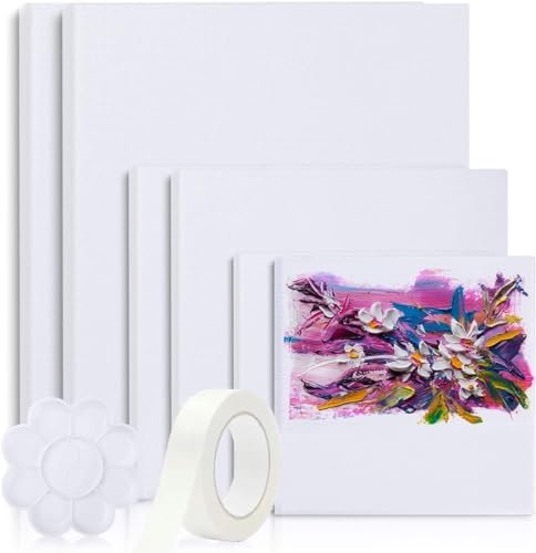 Canvases for Painting, 40x30, 30x20, 20x15, 8 Set Stretched White Canvas with Petal Paint Tray Palettes & Tape, Artist Canvases Frame Board Panels, Cotton Canvas for Oil, Acrylic, Watercolor