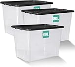 Klass Home Collection 3 x 80 Litre Large Plastic Storage Boxes With Lids - Heavy Duty Stackable 80L Large Storage Box With Lid, Big Plastic Containers For Home, Moving, Garage (3 x 80L - Black Lid)