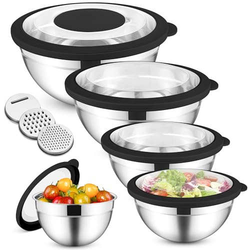 HaWare Mengkommen, 5-delige set, roestvrij stalen kommenset, slakommenset met transparante luchtdichte deksels en 3 raspopzetstukken voor koken, bakken, 4,5 l/2,8 l/1,5 l/1,2 l/0,7 l