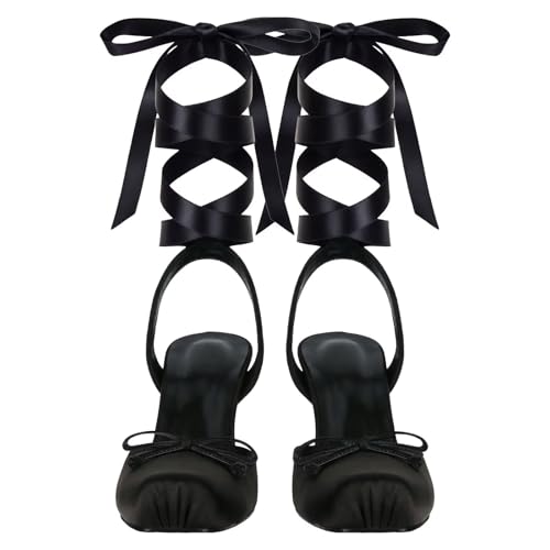 Agodor Satin Ballet Heels for Women, Lace Up Black Ballet Pumps with Bow,Square Toe High Slingback Heel Strappy Elegant Dress Stiletto Mary Jane Ballerina Heels for Party and Wedding US7.5 by Agodor - Used condition - Image 6