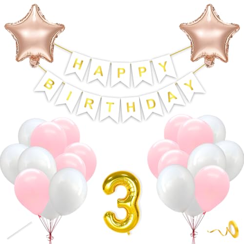 Image of Flyloons 3rd Happy Birthday Decoration Kit Pink White for Baby Boys Girls Kids Twins With 20 Pcs Pastel Balloons Birthday Banner 2 Pcs Star Items Set