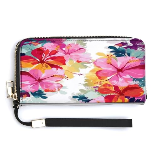 Leather Purse,Hawaiian Flower Print Print Womens Wallet,travel Wallet,wrist Strap Long Purse,leather Zip Around Wallet