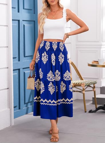 Happy Sailed Womens Retro Print Boho Maxi Skirt Elastic High Waist A-Line Pleated Flowy Long Skirts Beach Vacation Outfits3