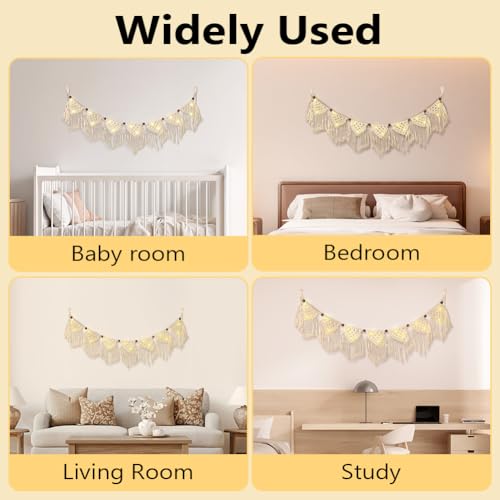 AOOHA Makramee Wandbehang,Boho Deko Makramee Wandbehang Handgewebt mit 3M LED Lichterkette,Gewebte Wanddeko Dekoration mit 7 Flaggen für Wohnzimmer Schlafzimmer Hochzeit Party