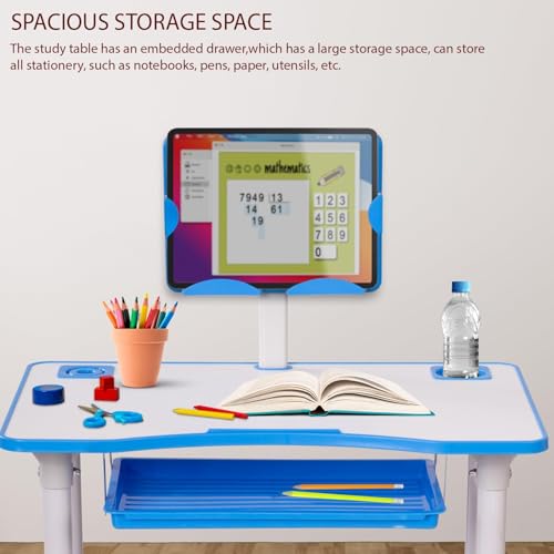 طقم طاولة و كرسي للأطفال ،مكتب أطفال متعدد الوظائف بارتفاع قابل للتعديل للقراءة والرسم والكتابة والحرف اليدوية و تناول الوجبات الخفيفة، طاولة دراسة خفيفة الوزن 95*60*40 سم، لون أزرق