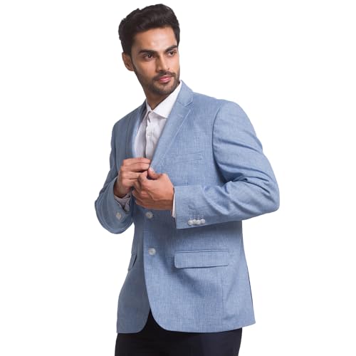 Image of Colorplus Men's Contemporary Fit Cotton Blend Notch Collar Yarn Dyed Pattern Full Sleeve Blue Casual Blazer