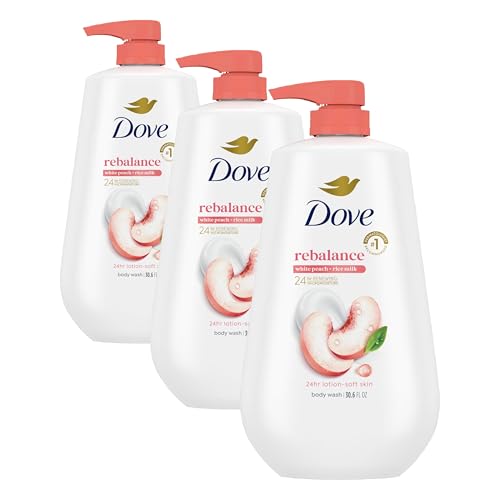 Image of Dove Body Wash Rebalance White Peach & Rice Milk For 24hr Lotion-Soft Skin Moisturizing Skin Cleanser with No Sulfates No Parabens 30.6 oz (Pack of 3)