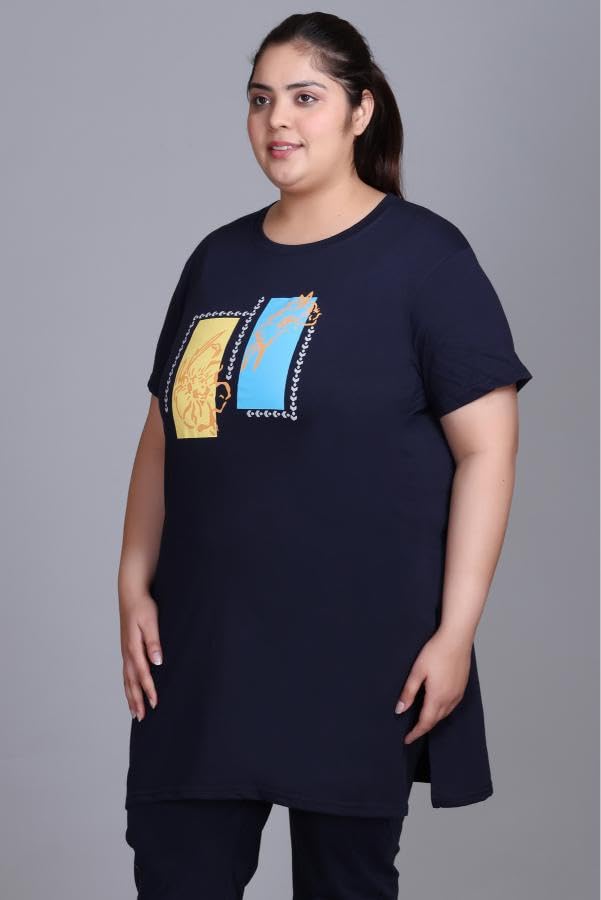 Image of RYSH Women's Printed Cotton Plus Size Longline T-Shirt with Pockets | Cotton fabric - soft longline T-shirt with easy plus-size fit