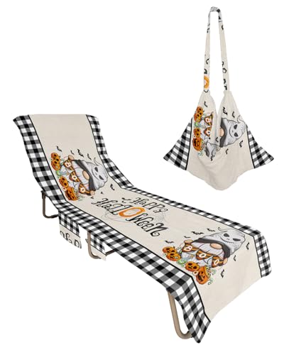Halloween Beach Lounge Chair Towel Cover, Soft Chaise Lounge Towel with Side Pockets Patio Pool Chairs Cover for Beach/Pool Sunbathing 29x85 Black and White Checkered Boo Gnomes Pumpkins