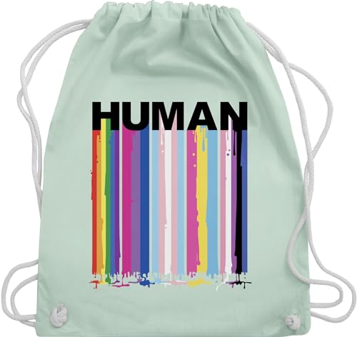 Shirtracer Turnbeutel Rucksack - LGBTQ Kleidung Pride Flag - HUMAN Blockschrift Regenbogen Farben Tropfen - Unisize - Pastell Grün - lgbtq-tasche lgbt queer stoffrucksack lgbtq+ beutel csd rainbow