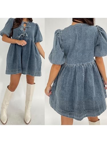 Image of Women Tie Front Denim Dress Round Neck Puff Sleeve A-line Mini Jean Dress with Pockets