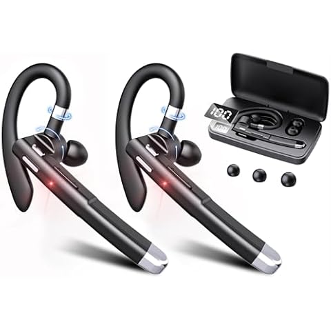 EUQQ Bluetooth Headset - 2 Wireless Bluetooth Earpiece with 1 Charging Case,120H Playback, Dualable Hands-Free Headphones with Built-in Mic for Work Trucker Office Meeting, Black Cover