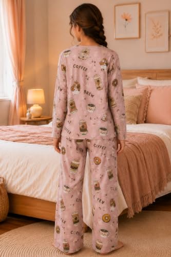 Image of TotzTouch Girls Printed Pyjama Set | Full Sleeve Top with Wide Leg Pyjama Pants | Stylish Cotton Co-Ord Nightwear Set for Kids